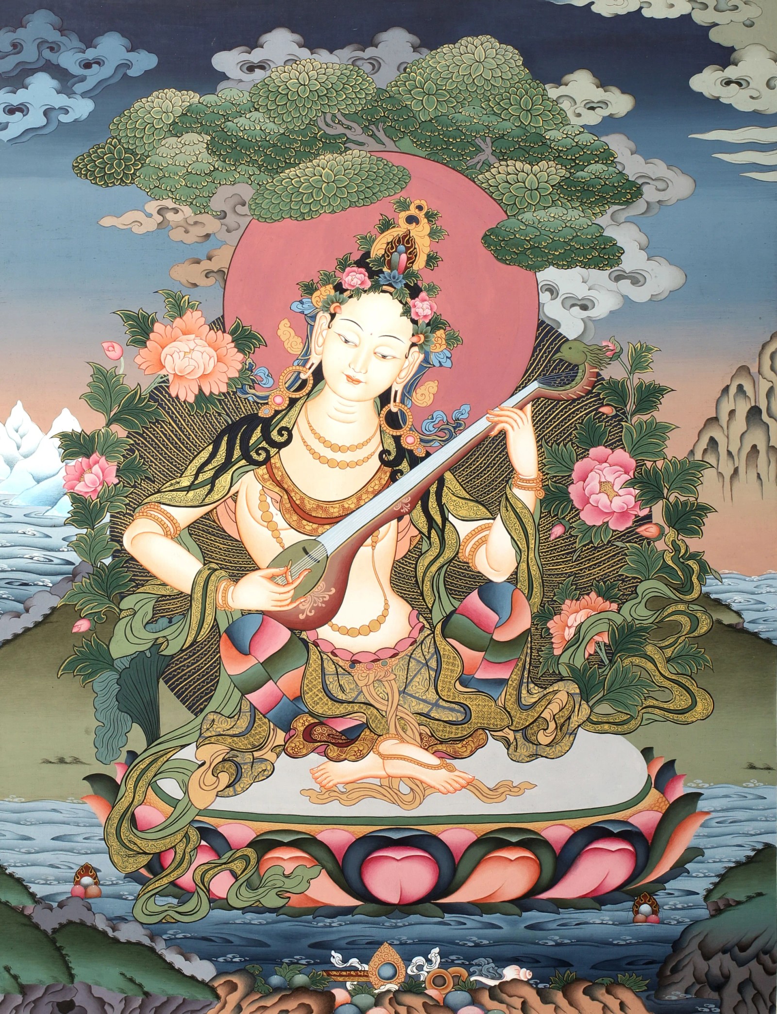A thangka of Sarasvati playing the vina