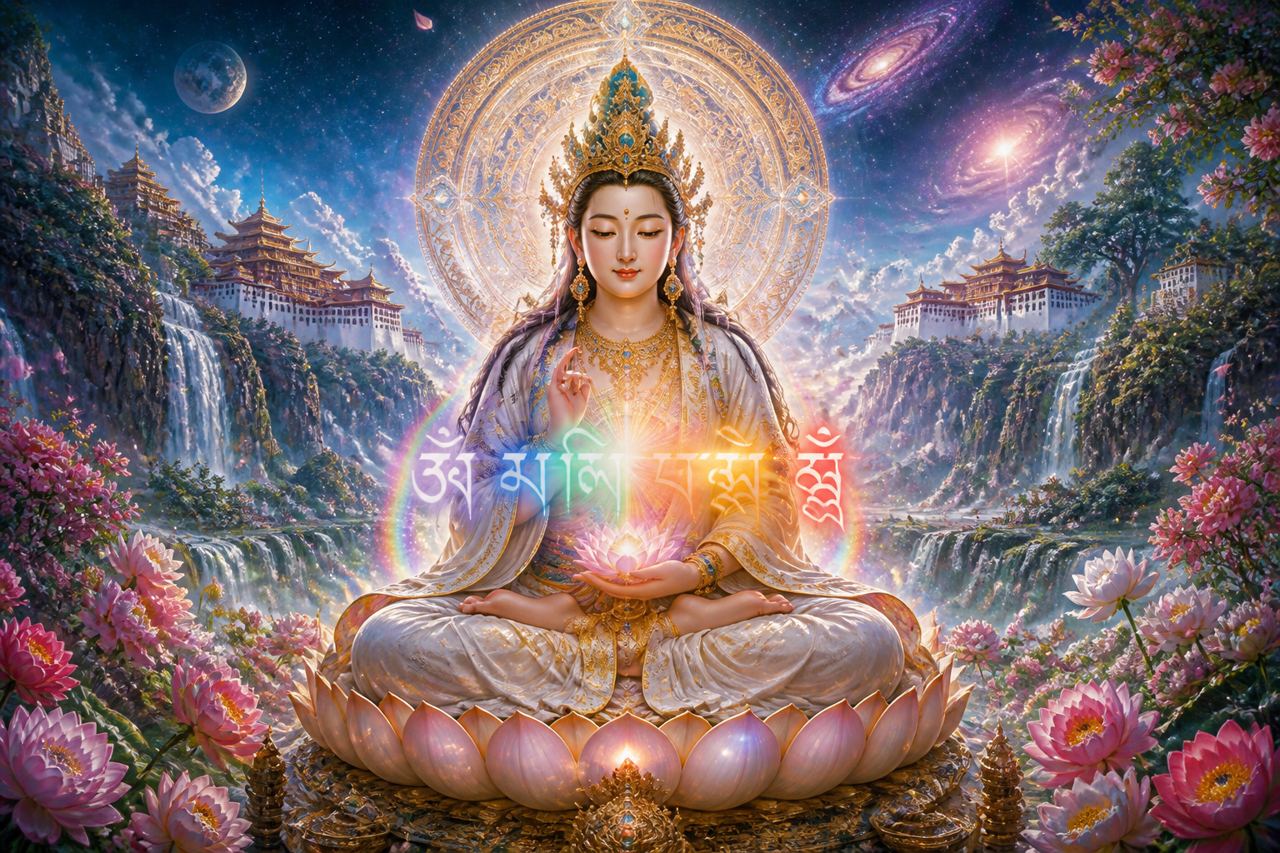 An illustration of Avalokitesvara seated on a lotus, the six syllables shining at his heart