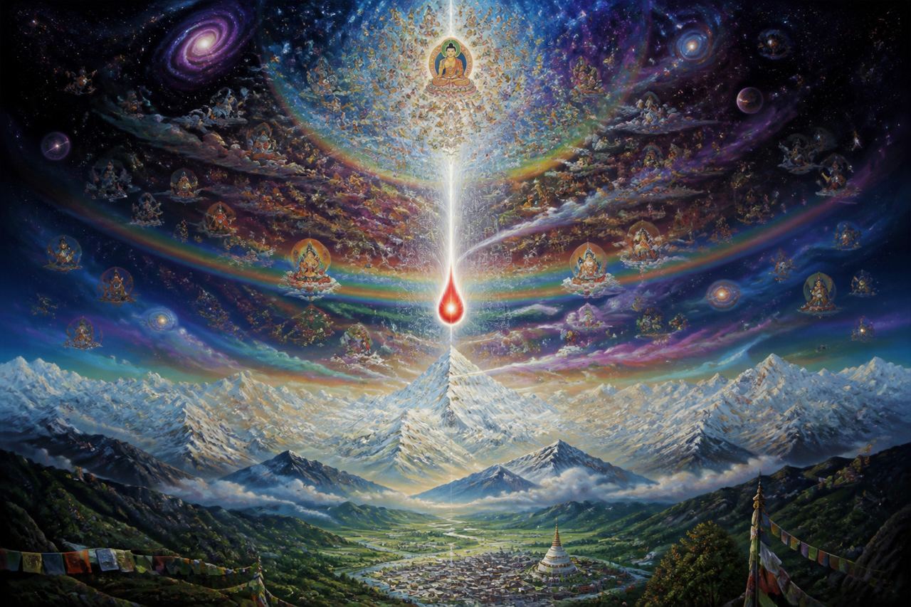 An illustration of a red and white light falling through rainbow space toward the earth