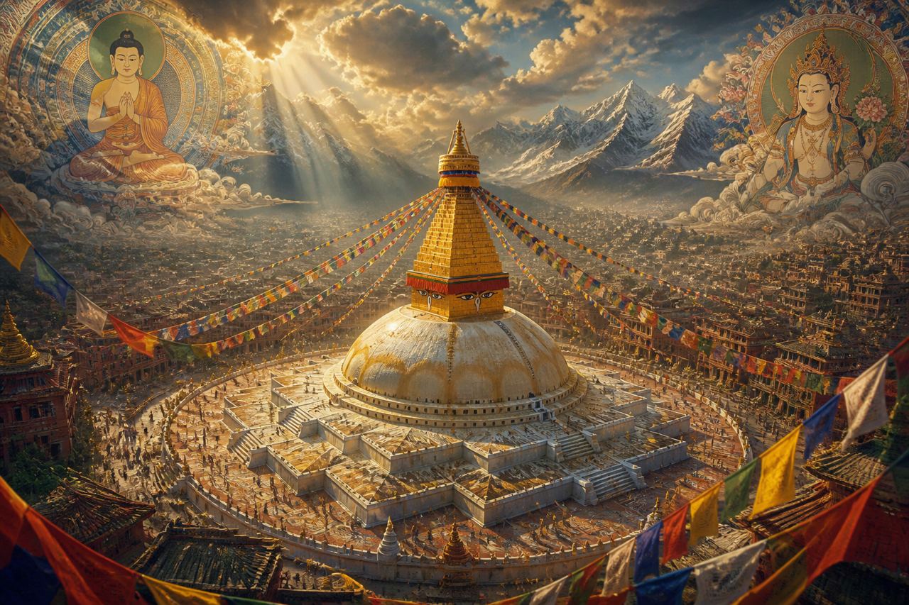 An illustration of the Boudhanath Stupa seen from above, prayer flags streaming from its spire