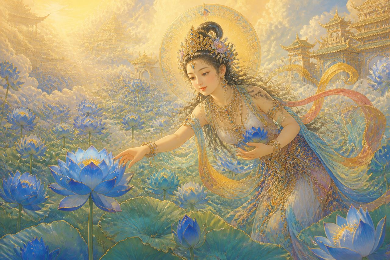 An illustration of the goddess Apurna reaching for a blue udumvara flower in the divine garden