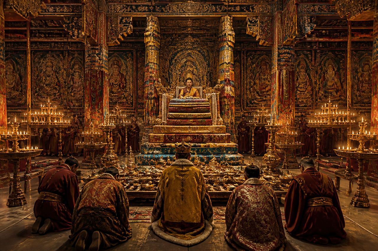 An illustration of the hall of Samye, the king and disciples kneeling before the throne among butter lamps