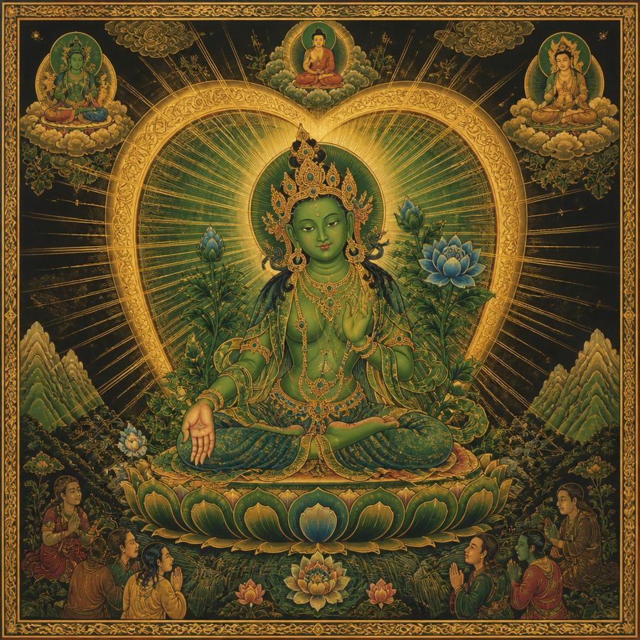 An illustration of Green Tara seated on a lotus, people gathered before her