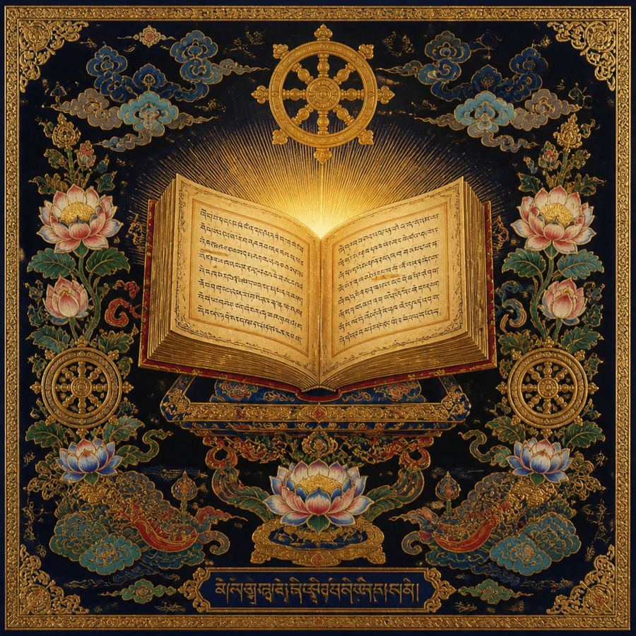 An illustration of an open book of scripture beneath a dharma wheel, framed by lotuses