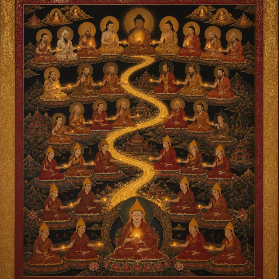 An illustration of a golden path rising through rows of lamas, each holding a lamp