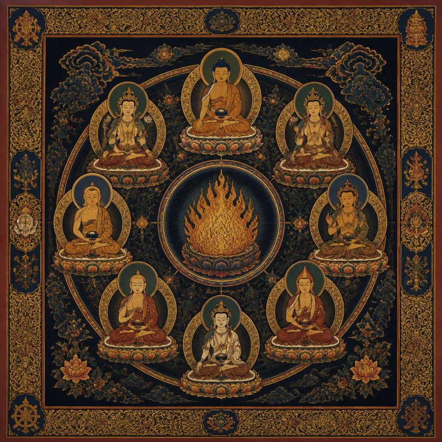 An illustration of buddhas seated in a circle around a flame