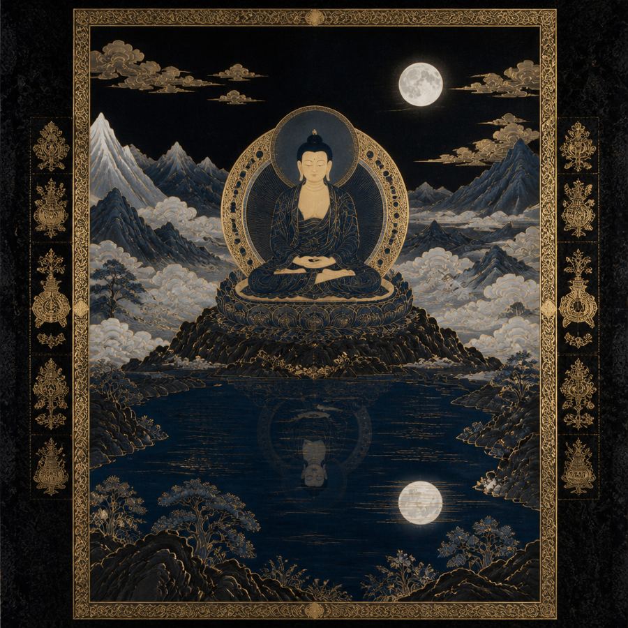 An illustration of the Buddha in meditation on a mountain above a still lake, two full moons in the sky and the water